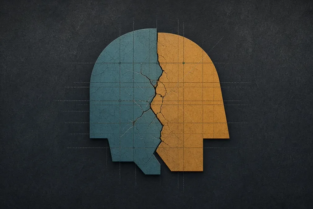 Abstract cracked two-tone geometric head silhouette over a measuring grid on charcoal background — no faces, logos, or text.
