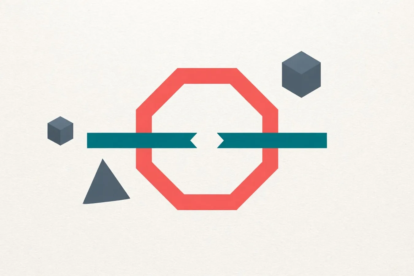 Light abstract diagram: coral octagon and a broken teal bar on pale paper, suggesting a stop rule that failed to hold — no vehicles or streets.