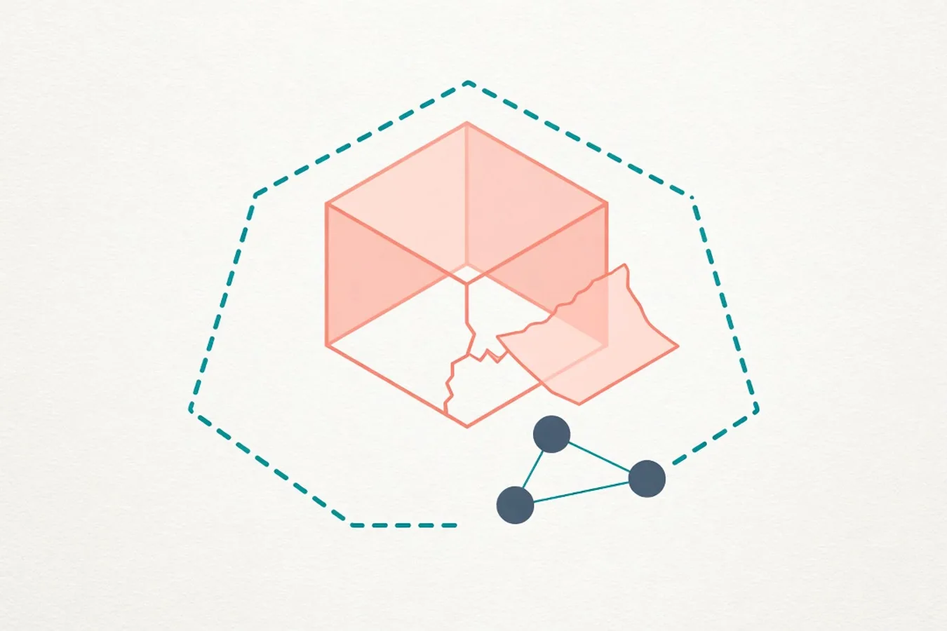 Light diagram: a coral broken sandbox cube inside a dashed teal boundary with a gap, and three linked slate nodes outside — no people or scenes.