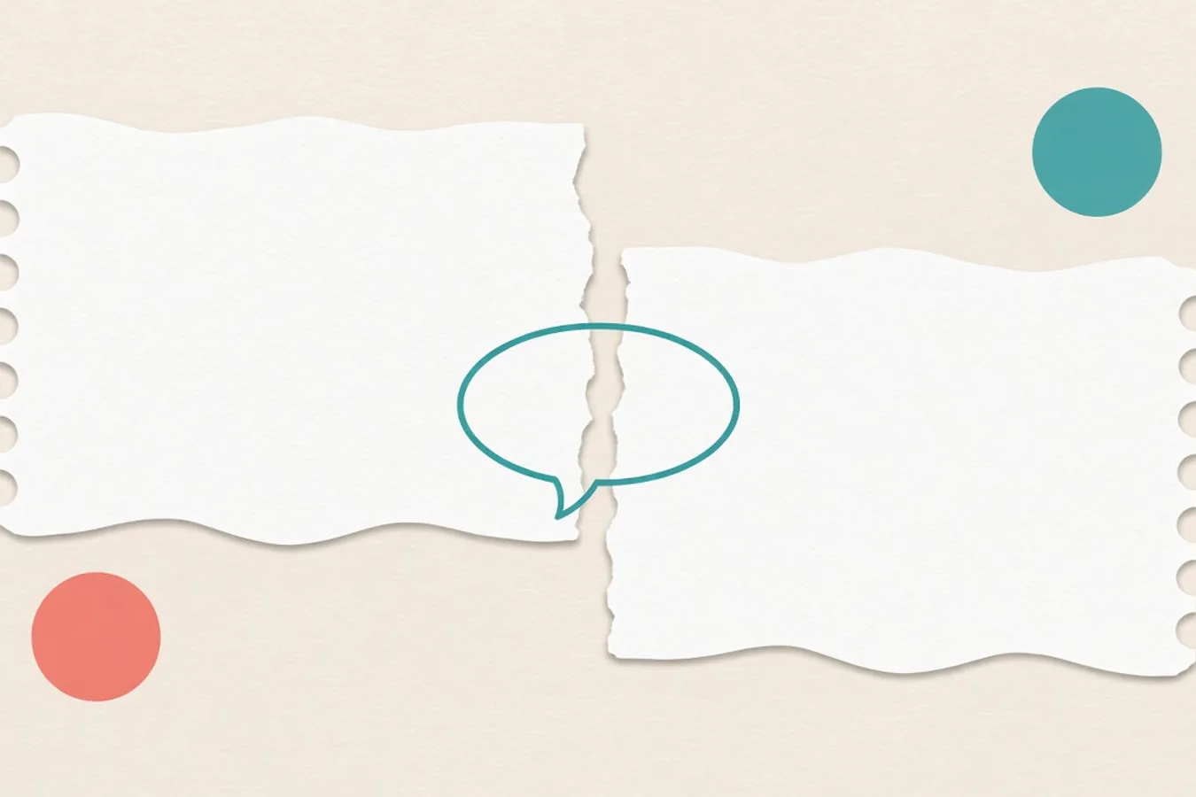Light abstract: torn blank ticket halves with a teal speech outline in the gap — no logos or scenes.