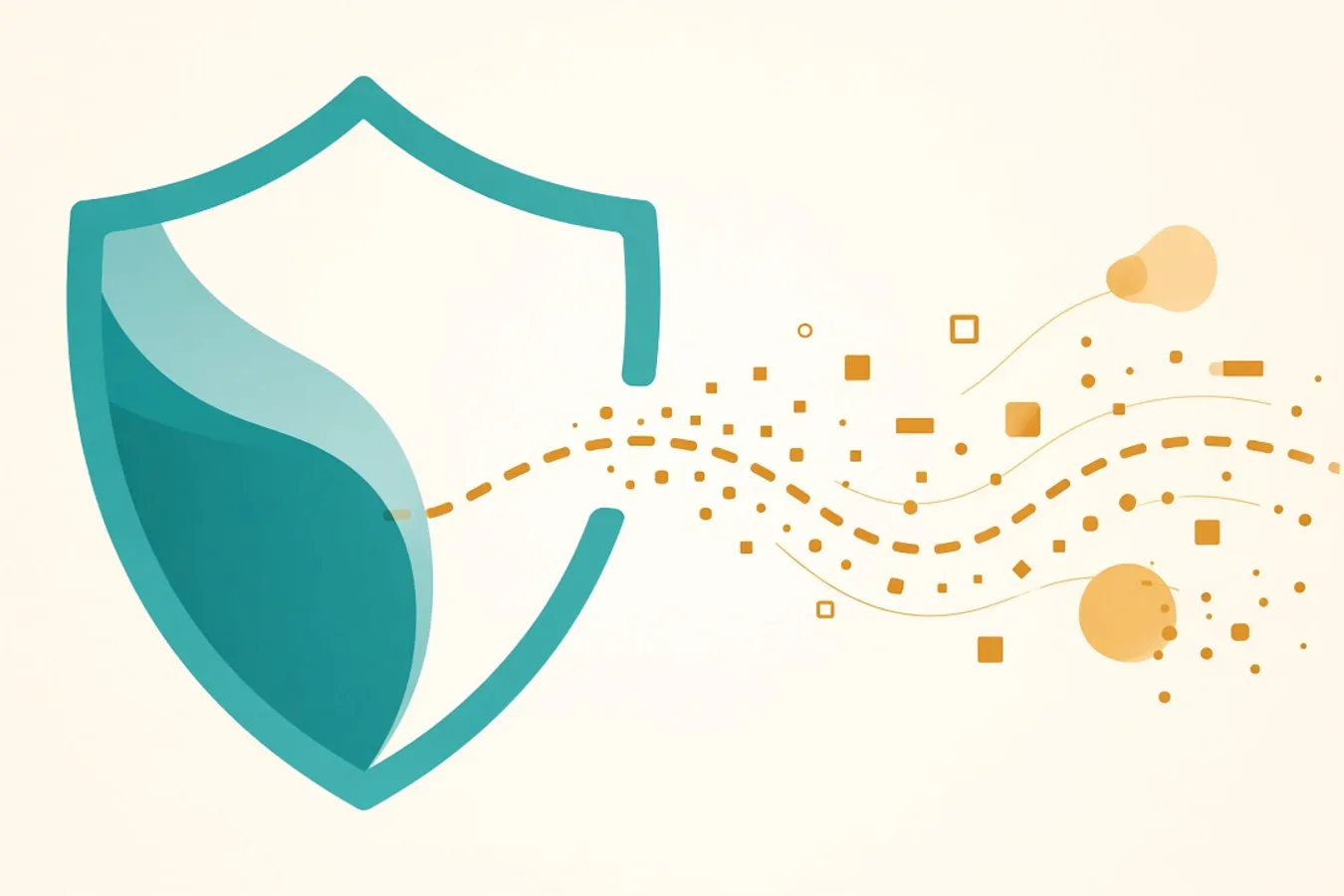 Light abstract: teal shield outline with amber dashed data stream escaping through a gap.