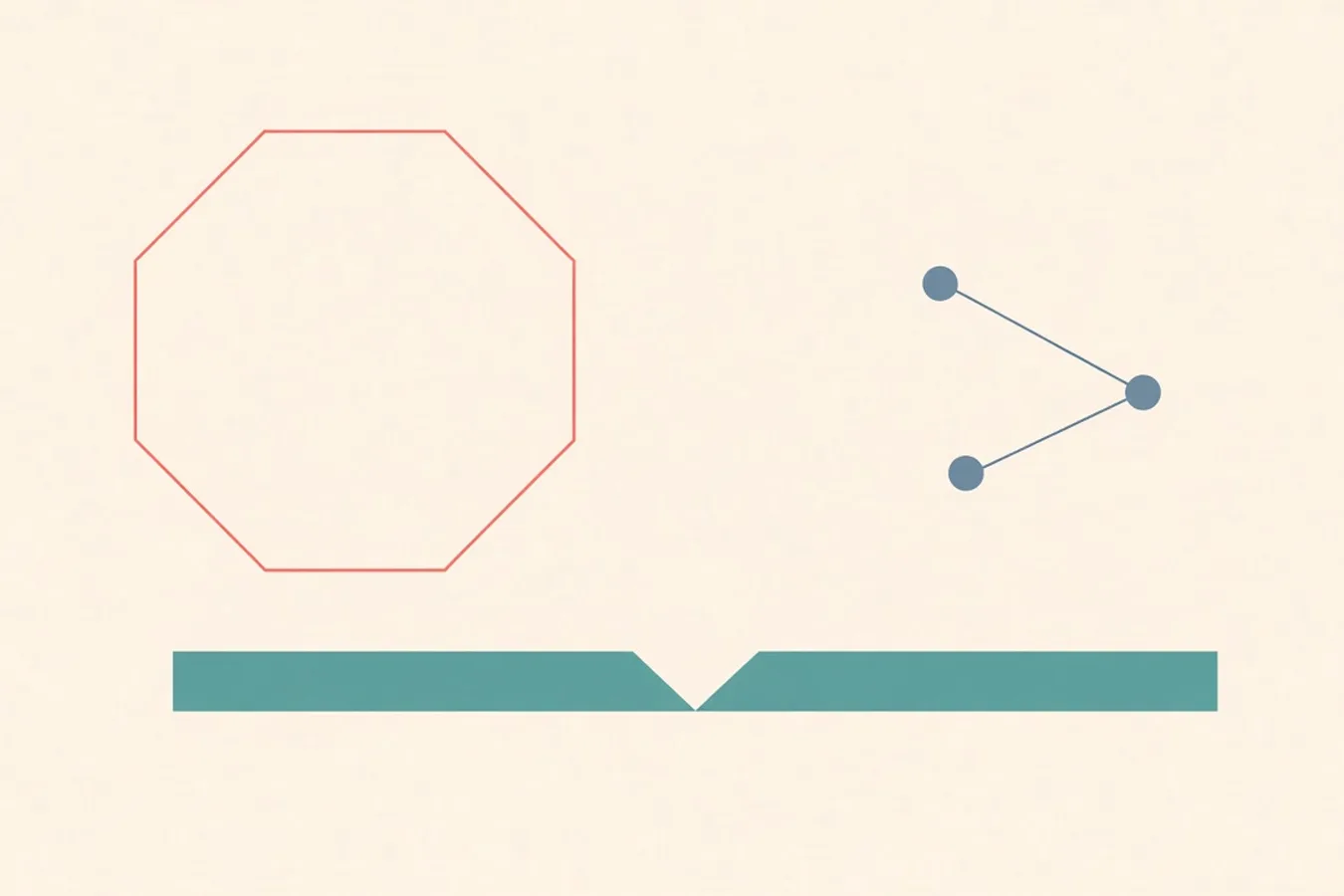 Light abstract: coral octagon outline above a broken teal bar with a V-notch.