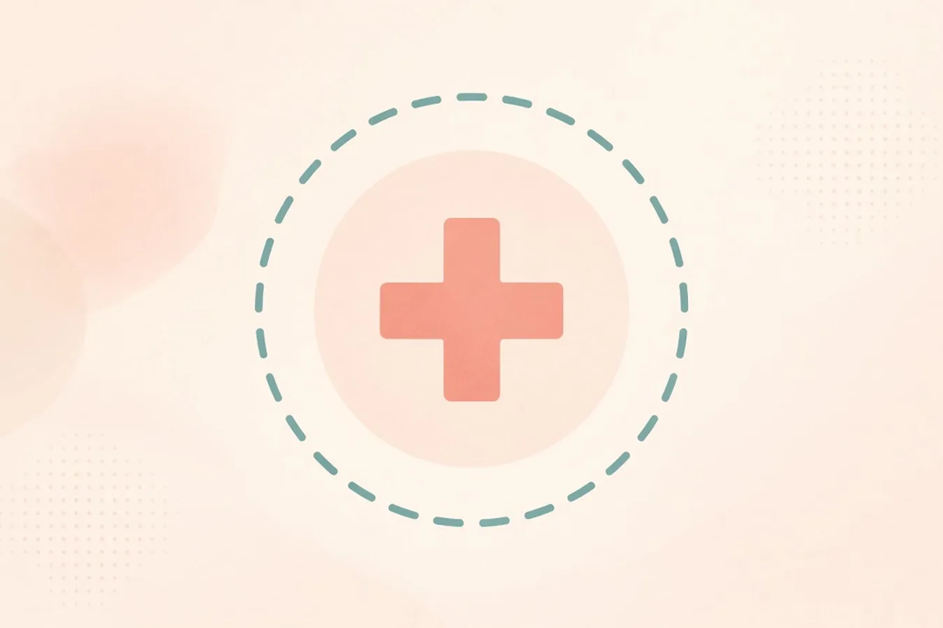 Light abstract: coral medical cross in a soft circle inside a dashed teal ring.
