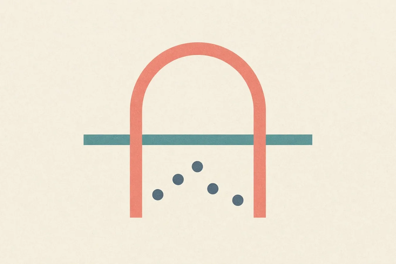 Light abstract: coral doorway arch with a teal scan bar and slate alert dots.