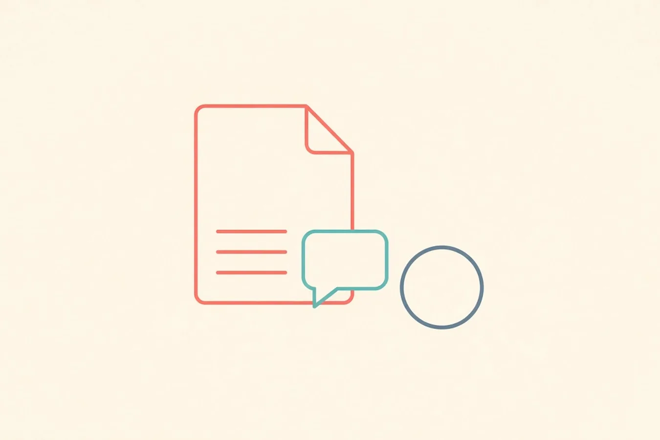 Light abstract: coral contract outline with teal speech bubble and slate coin circle.