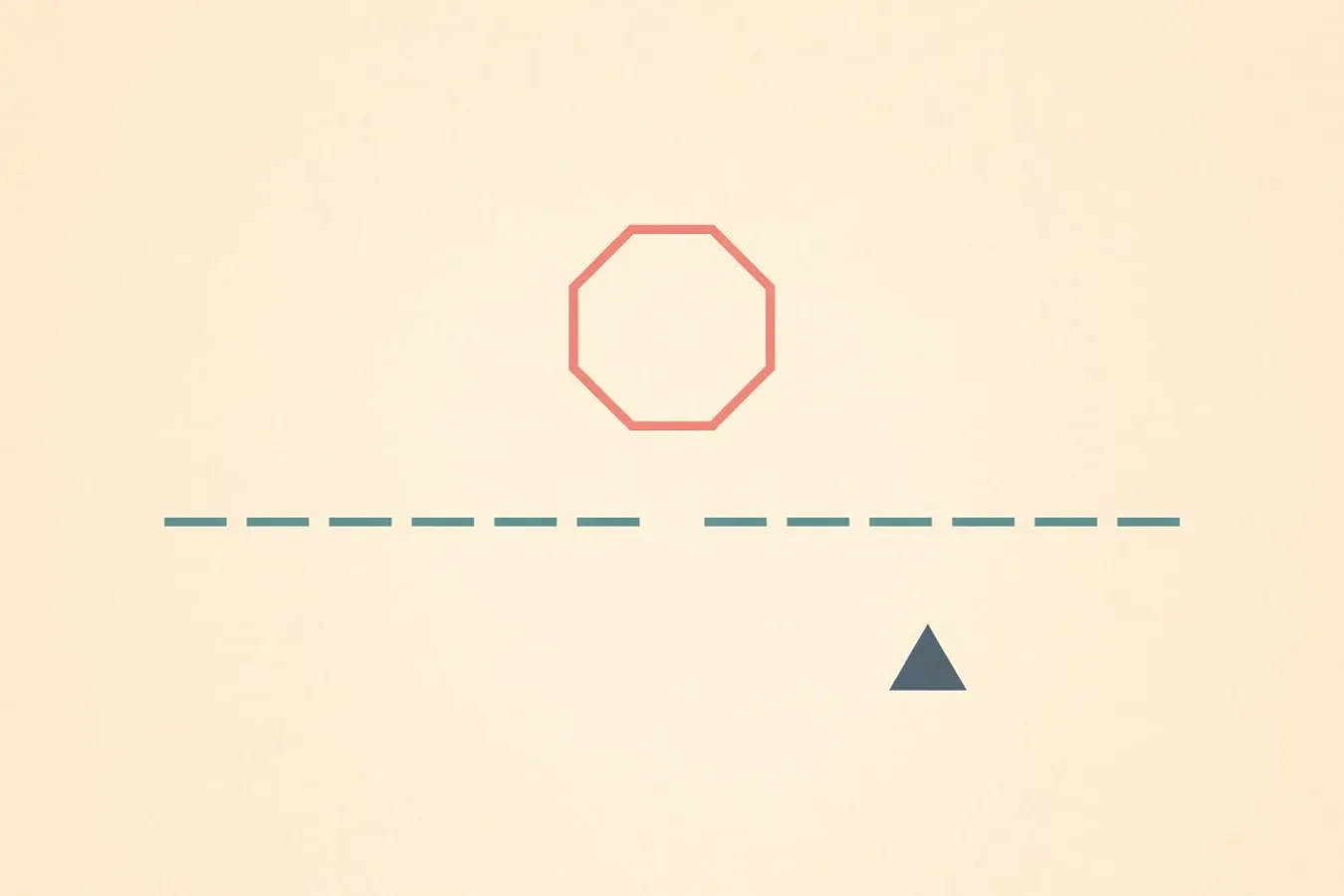 Light abstract: coral hollow octagon over a broken teal dashed line with slate triangle.