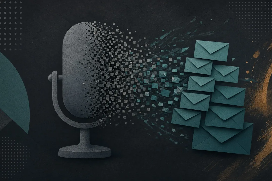 Microphone dissolving into teal envelopes on charcoal — phantom listening as email lists