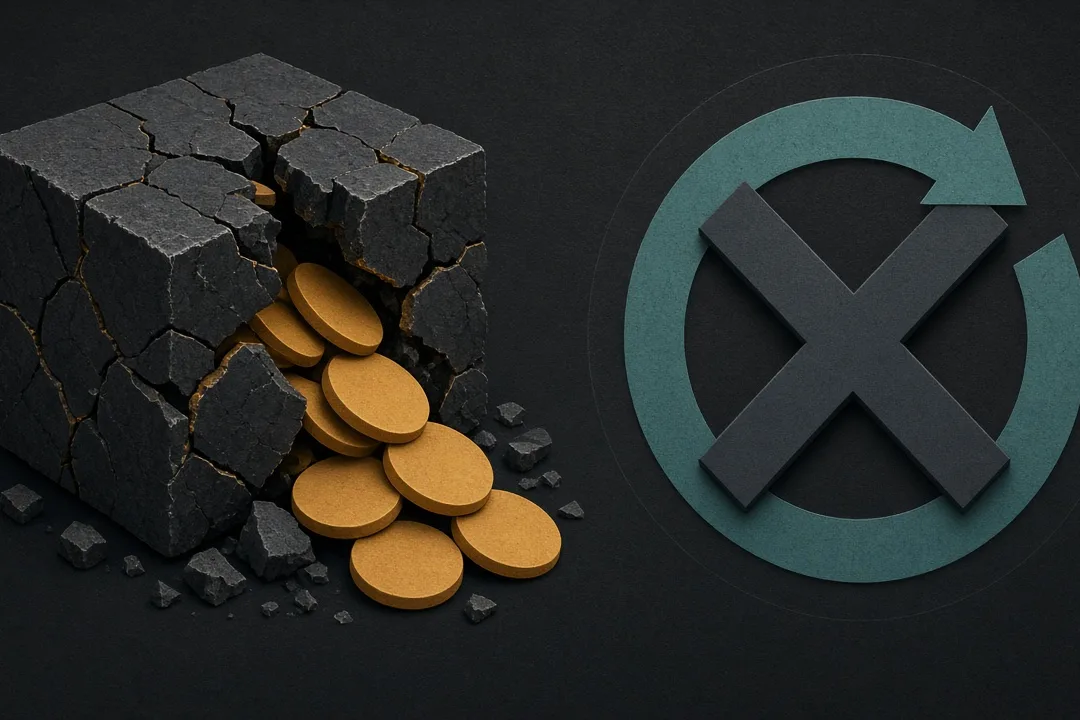 Cracked charcoal opportunity box spilling amber coin discs beside a teal refund loop crossed by an X — broken business-opportunity pitch