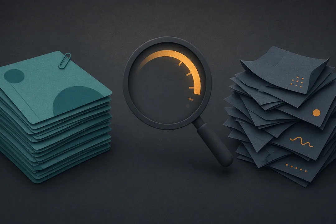 Neat teal academic document stack and messy slate everyday papers flanking a charcoal magnifying glass with an amber gauge — academic detector sold for everyday text