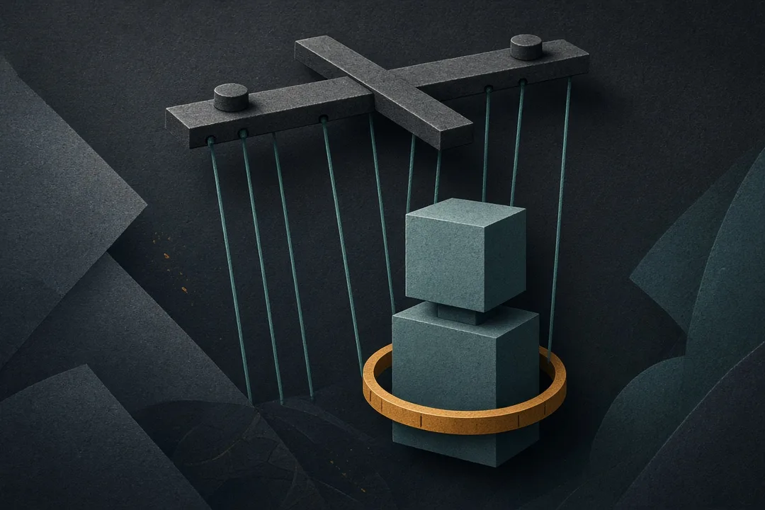 Featureless block avatar on teal marionette strings inside an amber dial — companion ad selling control
