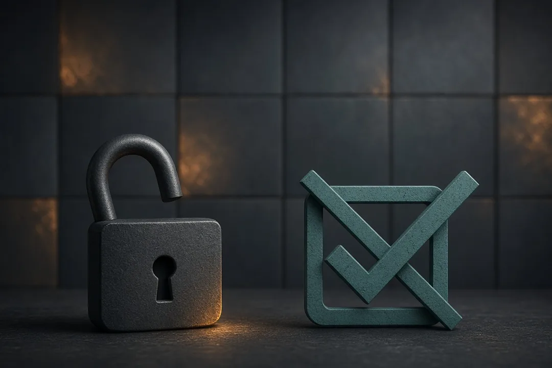 Open charcoal padlock beside a teal checkbox marked with both tick and X — age assurance that was only a self-declaration