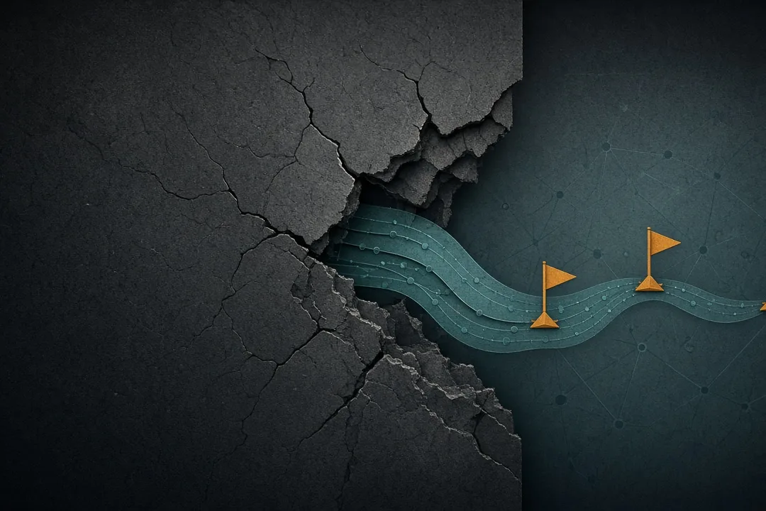 Cracked charcoal air-gap wall with a muted-teal network strand escaping toward three amber CTF flags — test env leaking onto the real net; no people, logos, or text.