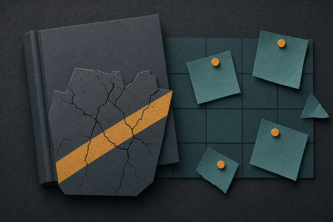 Cracked charcoal no-write shield over a dark notebook beside a teal note grid with amber pins — agents leaving notes where they were only meant to read; no people, logos, or text.