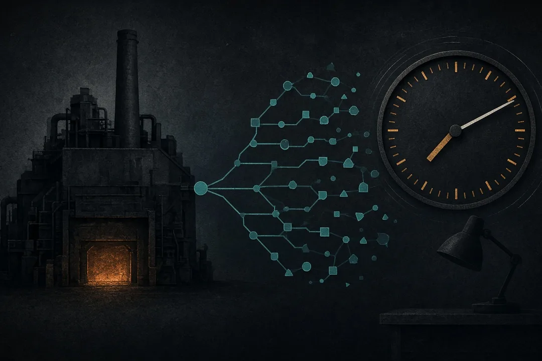 Dark foundry forge with amber furnace glow, teal agent-swarm branching from a lead node, and a charcoal schedule clock beside an unlit desk lamp — unattended foundry after logout; no people, logos, or text.