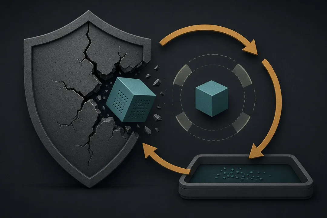 Cracked charcoal antivirus shield with a teal malware cube breaking through, amber rebuild loop around a scanned cube and staging tray — detection assumed durable; no people, logos, or text.