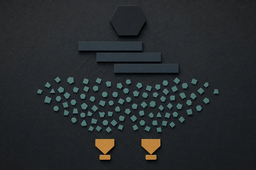 Charcoal virtual-company org chart of teal agent nodes converging on two matching amber guided-therapy markers — AI design and independent real-world match