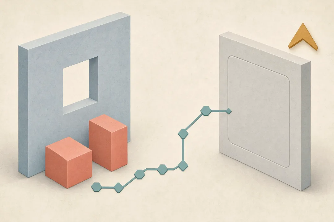 Soft parchment scene: teal agent path of hex nodes curves around coral stop-bars past a pale slate portal into a grey inner slab, amber caution chevron — overreach past a public stats boundary