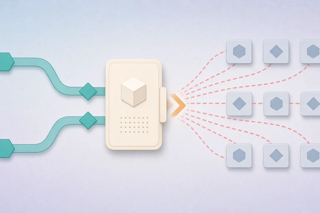 Soft mist-blue scene: two teal credential pipelines of hex and diamond nodes converge into an ivory SaaS hub, then soft coral dashed lines fan out to a grid of slate tenant tiles with an amber speed chevron — machine-tempo fan-out