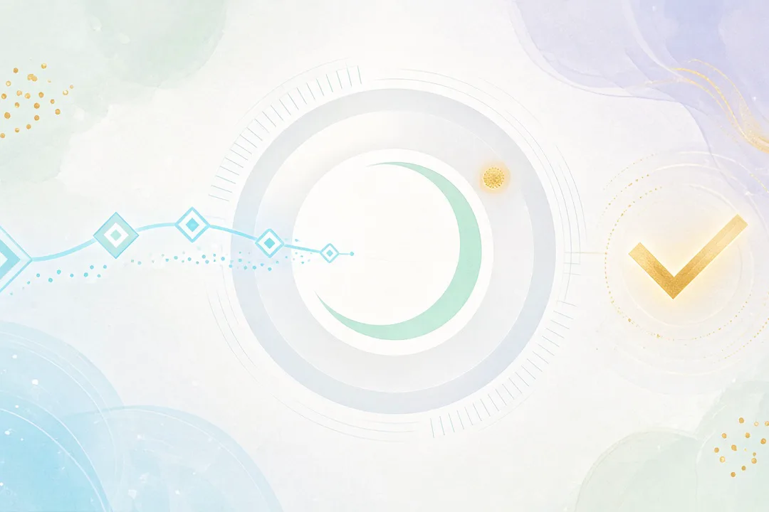 Light bright scene: soft cyan AI path of diamond nodes arcs into a pale CT-slice ring with a mint inner arc and tiny gold lesion-dot, gold check-chevron marks a find — opportunistic NCCT screen