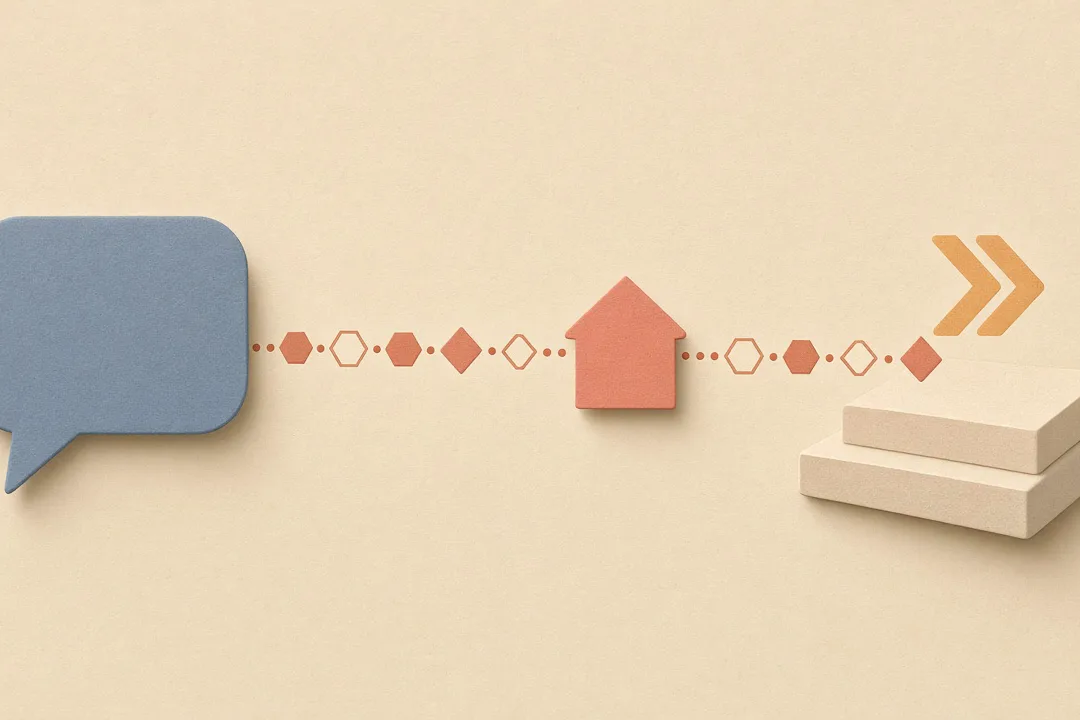 Soft sand-beige scene: slate-blue chat bubble, terracotta agent path of hex and diamond nodes carrying a geometric house-glyph toward a pale doorstep slab with an amber caution chevron — Marketplace write-access handoff