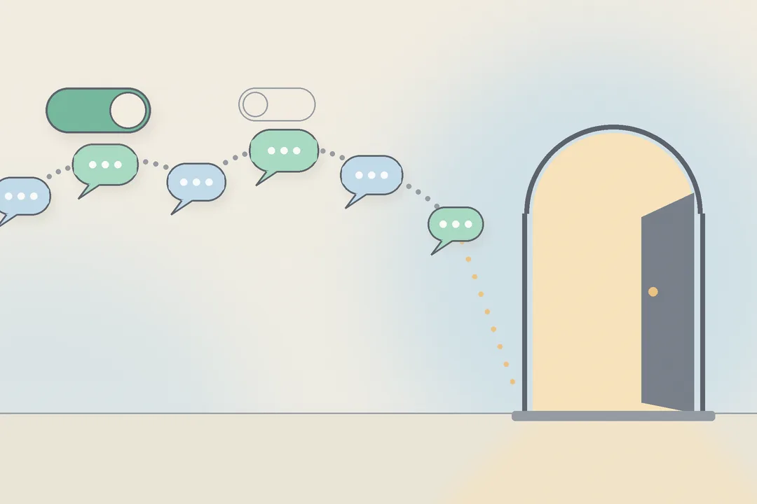 A chain of soft sky-blue and mint chat bubbles arcs across a cream ground from a switched-on mint toggle shape, past a faint unused toggle outline, and trails amber dots to the threshold of an open arched doorway glowing with warm light