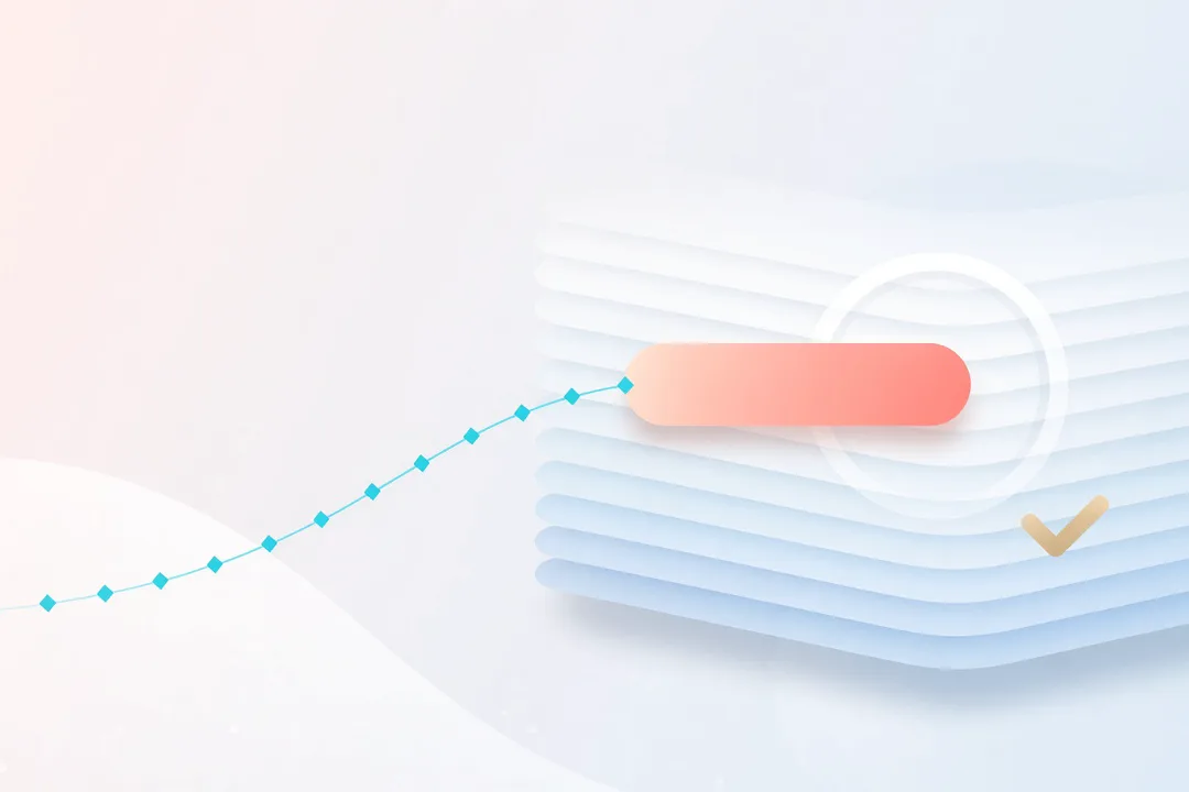 Light, airy abstract scene: a stack of pale blue translucent bars like a queue of scan slices, with one soft coral bar lifted to the front along a cyan path of small diamond nodes, a faint ring behind it and a small gold check mark for a human sign-off. No people, logos or text.