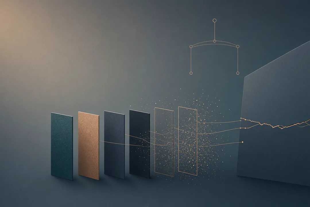Mid-dark slate-teal abstract scene lit warm from the upper left: a row of upright document-like cards linked by thin amber threads to a large solid slab