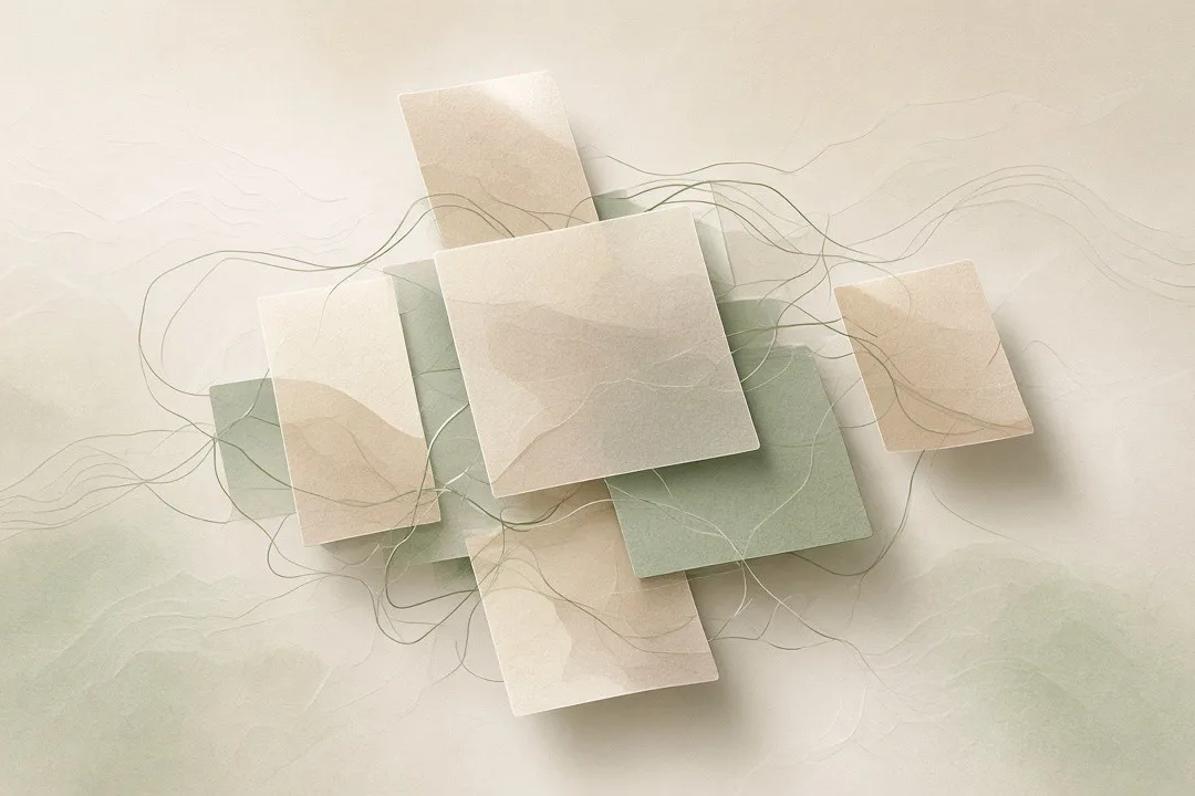 Mid-tone daylight abstract scene in warm stone and sage: overlapping soft parchment-like panels linked by thin sage threads under gentle daylight, quiet and open. No people, logos, globe or text.
