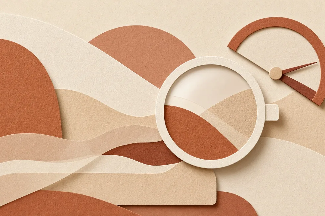 Abstract terracotta and cream paper shapes with a magnifying lens and a gauge.