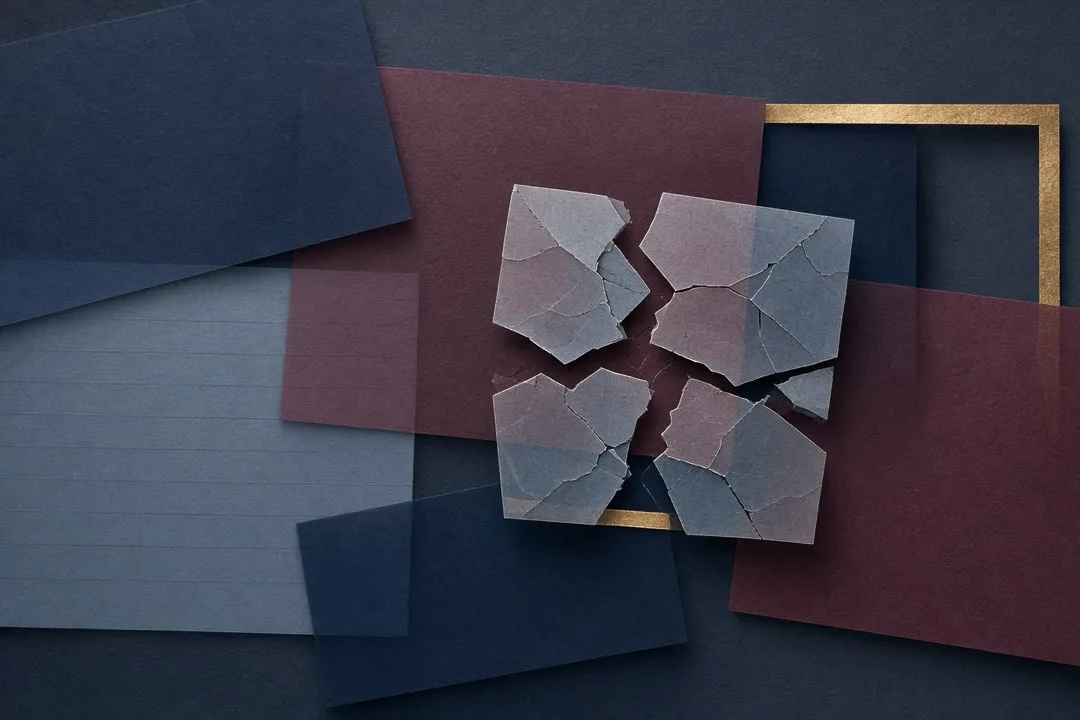 Mid-dark abstract composition in slate blue and muted burgundy: overlapping paper-like sheets, one cracked into misaligned fragments inside a thin brass frame. No people, logos or text.