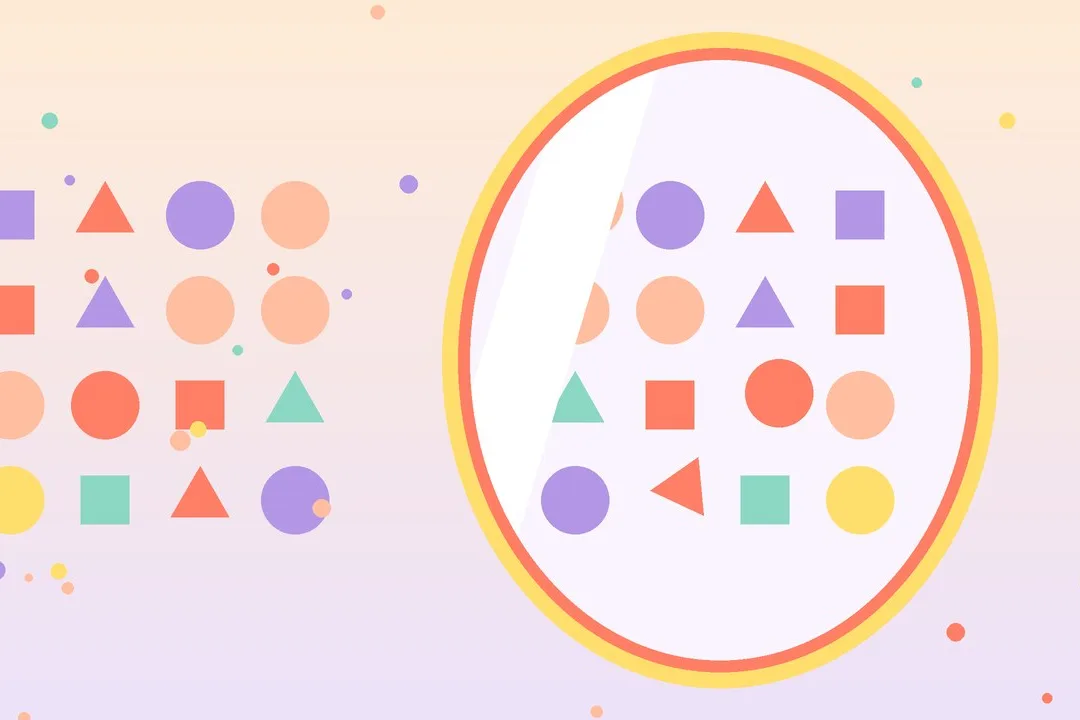 A playful abstract cover on a soft peach-to-lilac background: on the left a neat grid of coral, lilac, butter-yellow and mint circles, squares and triangles