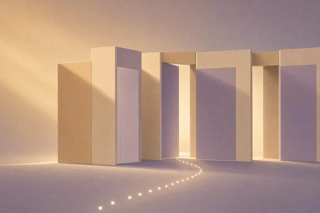 Soft mid-tone abstract in warm ochre and dusty violet: a row of simple doorway-like panels, a few left ajar with light spilling through, and a trail of small glowing dots winding past them. No people, logos or text.