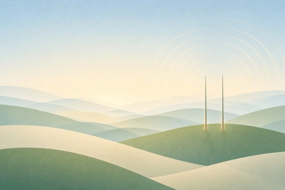 Bright, airy abstract of soft green rolling hills under a pale morning sky, with two slim tower lines on a ridge sending wide arcs of light across the landscape. No people, logos or text.