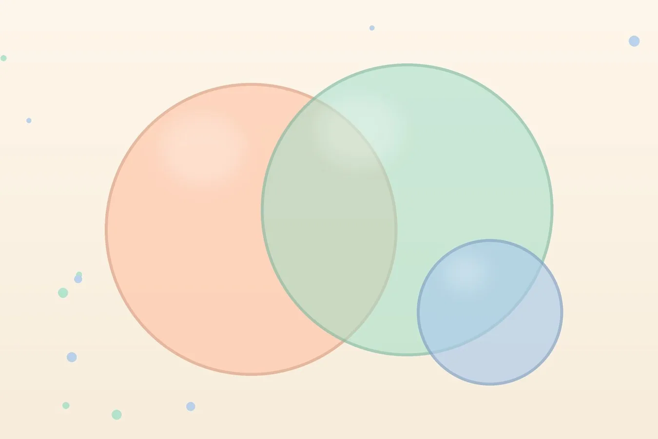 Abstract cover on a warm cream background: two large soft translucent lenses, one peach and one mint, overlap in the centre, and a smaller powder-blue lens overlaps the mint one at the lower right, each with a gentle white highlight