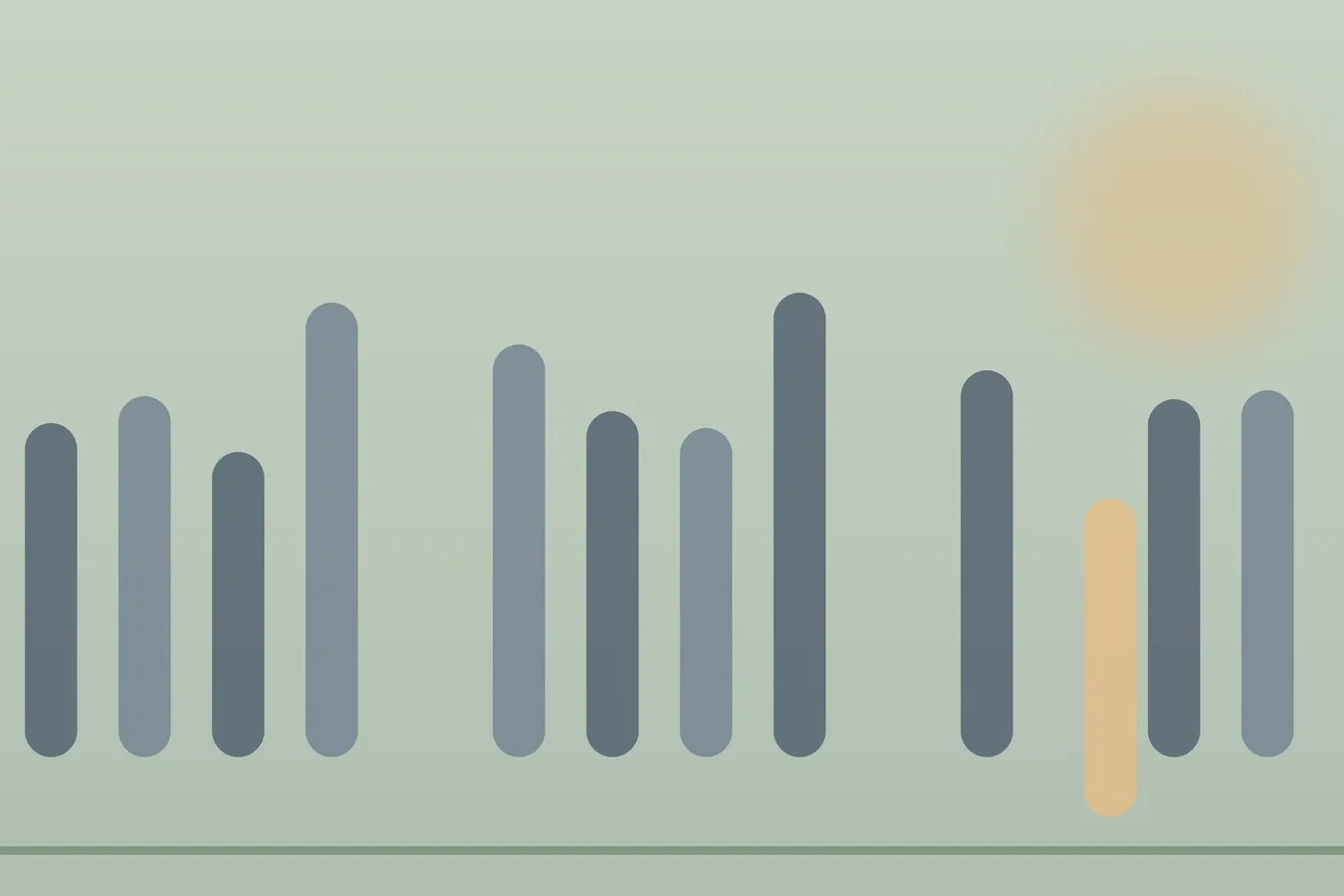Abstract cover on a sage-green background: a row of tall slate and blue-grey columns with two gaps, one sand-coloured column stepping out of line near the right, and a soft sand glow above